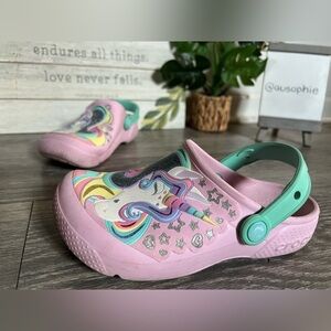 CROCS x Funlab Kids Glitter Unicorn Clogs in Pink & Mint. Size 2